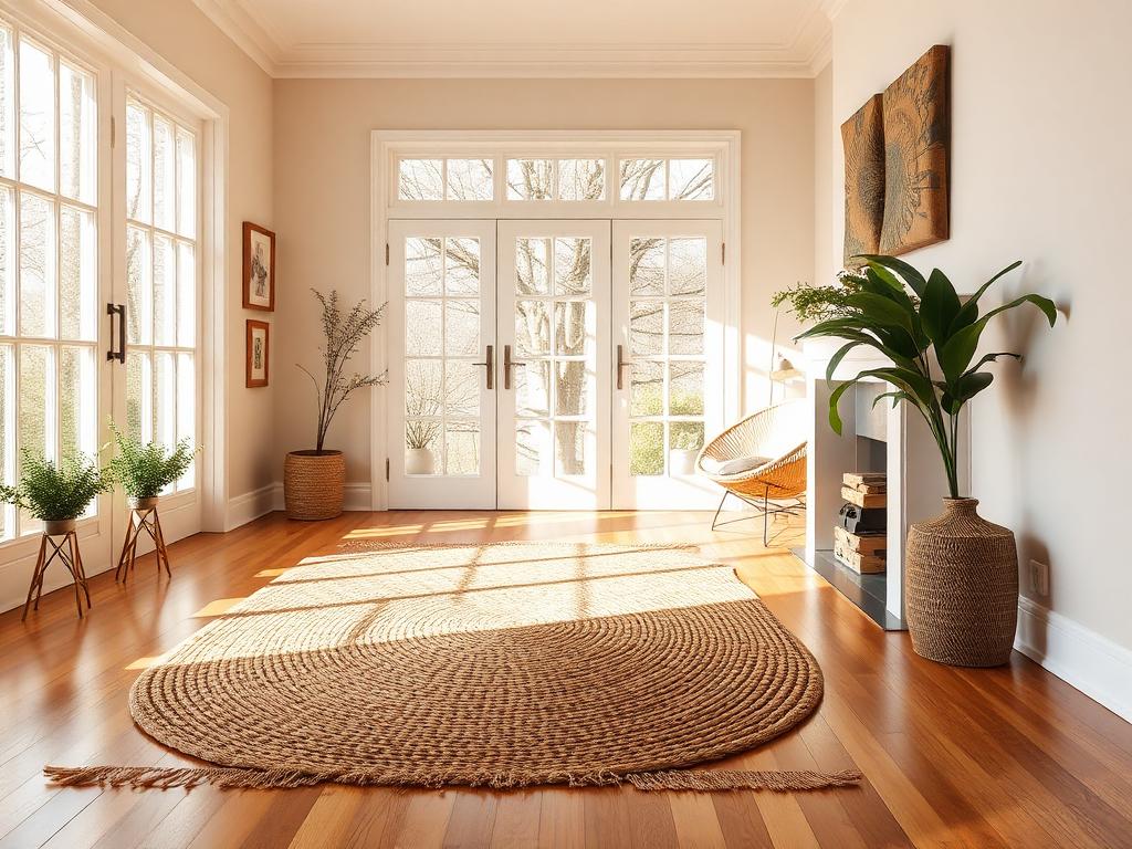 Bright hardwood floor with a woven area rug and morning light through large windows