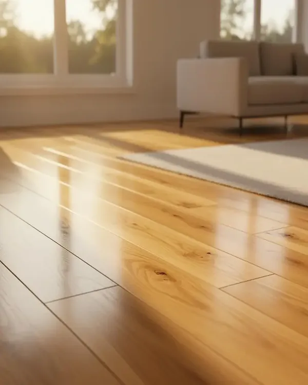 Sunlit wide-plank oak hardwood flooring in an elegant living room