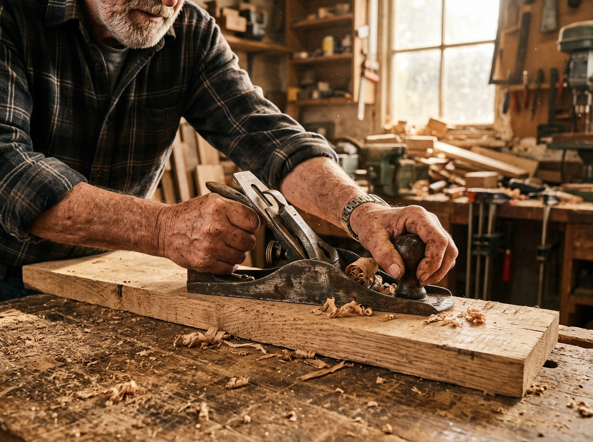 Experienced craftsman's hands guiding a vintage hand plane across an oak plank in a sunlit workshop