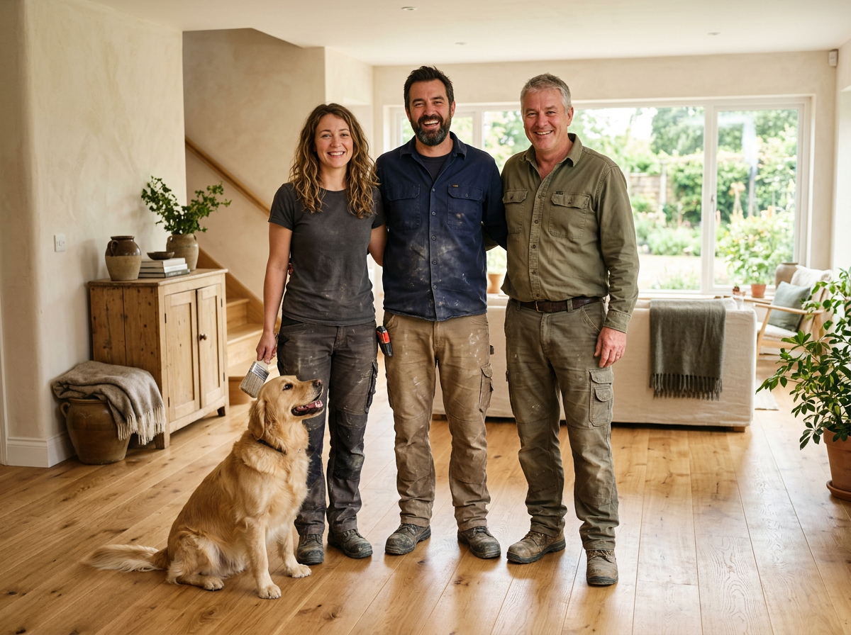 Small family-run flooring crew standing together with their dog on a freshly finished oak floor