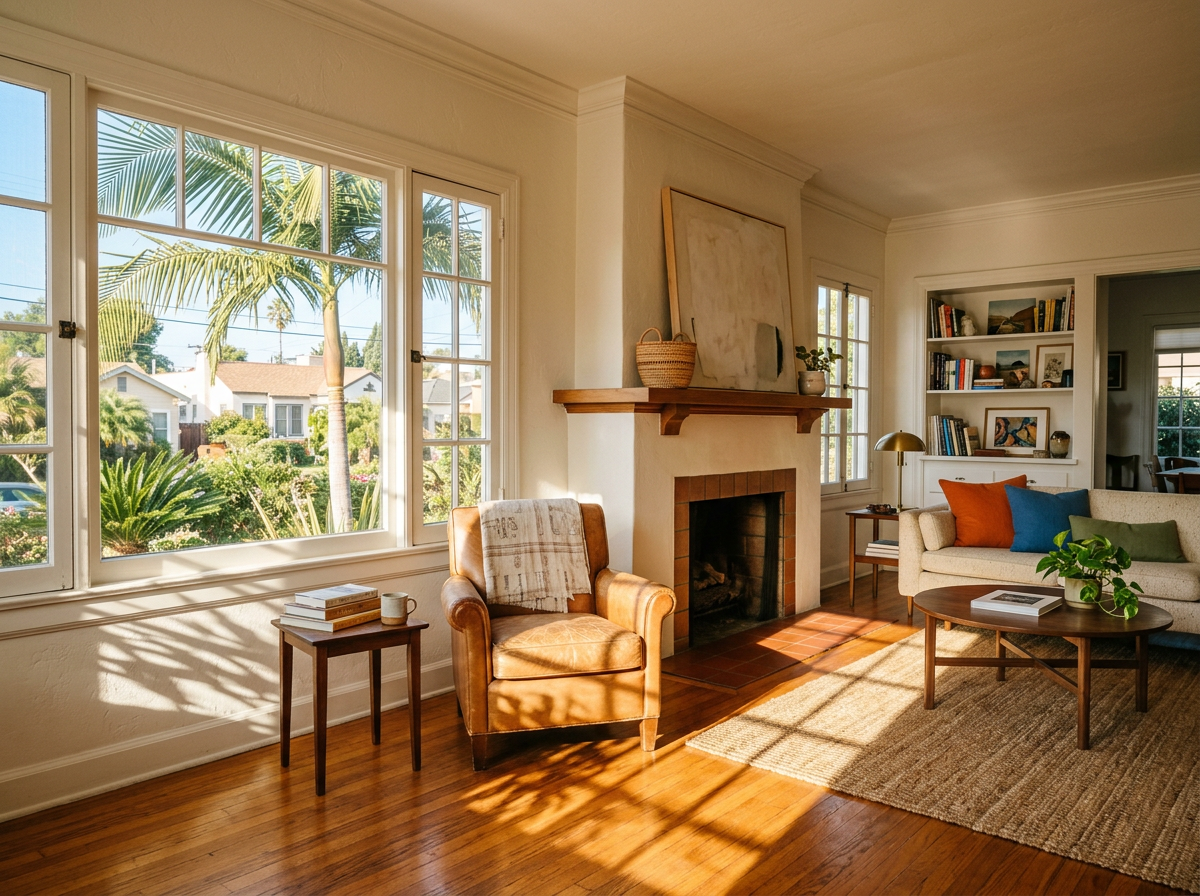 Sunlit Los Angeles bungalow living room with restored oak hardwood floors and palm shadows on the wall