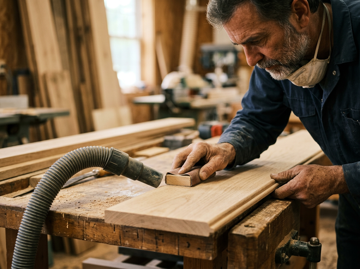 Craftsman hand-sanding the edge of an oak floor board beside a dust containment vacuum hose