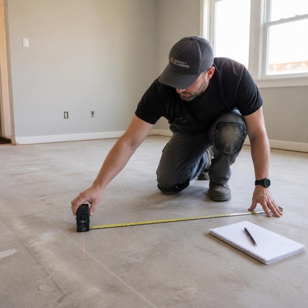 Flooring contractor measuring a room with a laser distance tool on bare subfloor