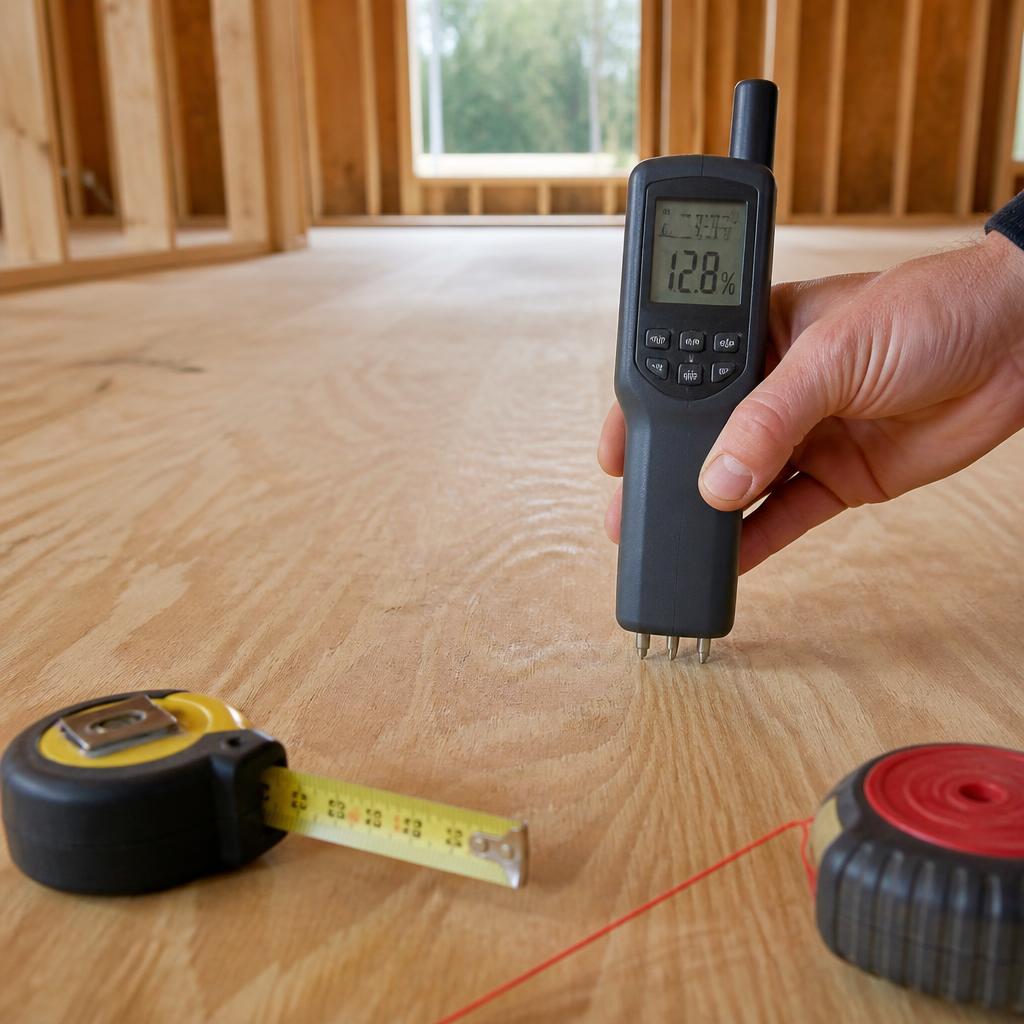 Hand holding a digital moisture meter probing a clean plywood subfloor with a tape measure nearby