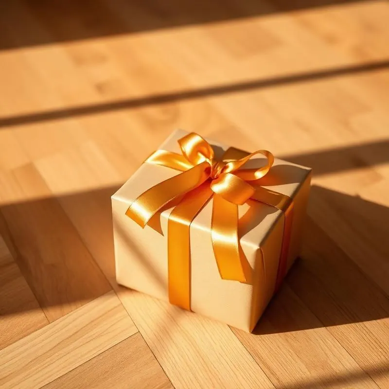 Gold-ribbon gift on hardwood floor