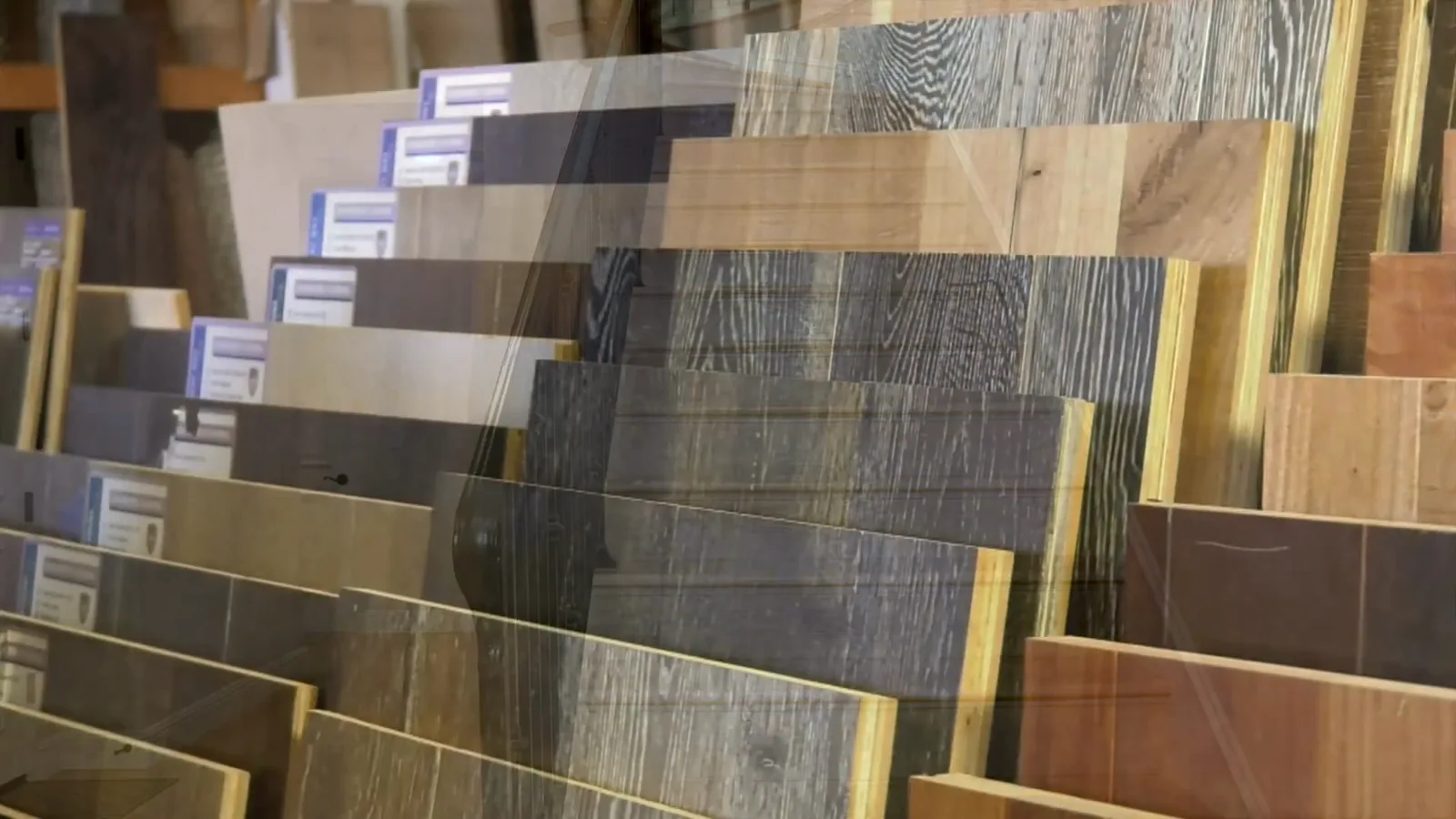 Wall of hardwood flooring samples